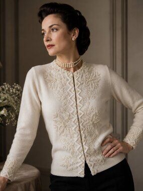 Vintage 1950s Imperial Fashion Hand Beaded Angora Cardigan US Medium